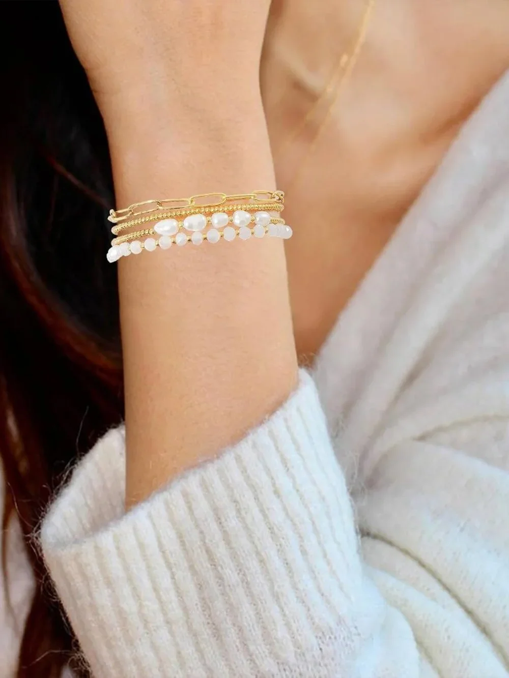 Dainty Gold Plated Pearl Crystal Beaded Bracelets Set for Women 14K Gold Plated - Picture 5 of 7
